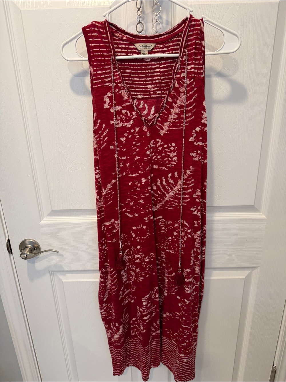 Lucky Brand Red and Cream Sleeveless V-Neck Maxi Dress